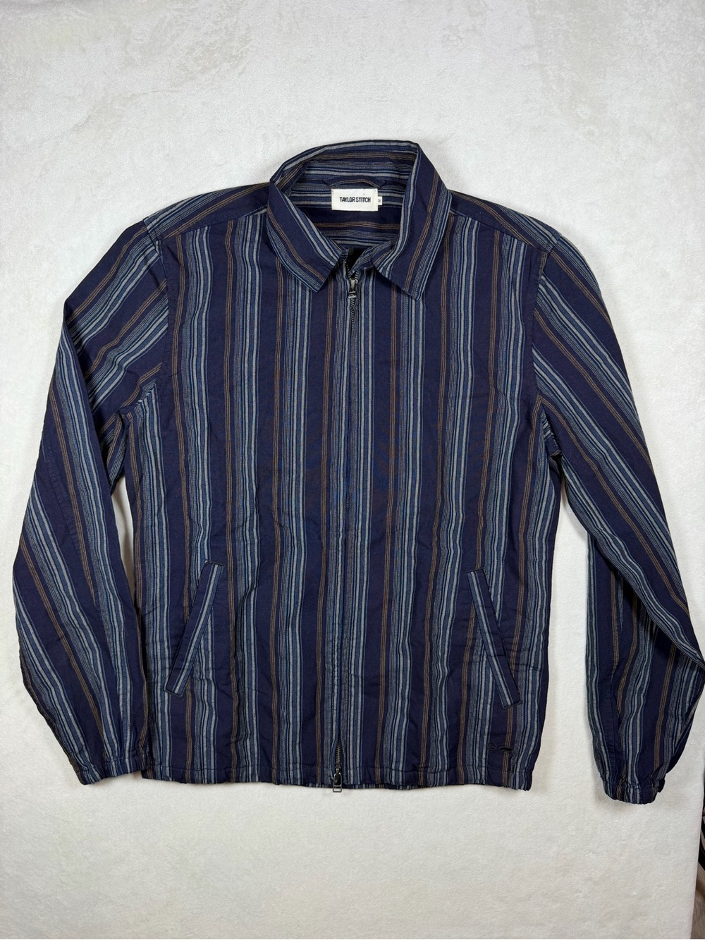 Taylor Stitch 38 Medium The Clark Jacket Navy Gray Stripe Lightweight Zip Jacket